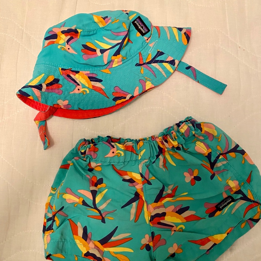 Patagonia swim suit & hat 3-6 months